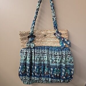 Capelli Straworld Women's Straw Purse Bag Floral Green Blue Tote Boho Beach Clas